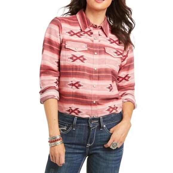 Ariat Real Adorable Serape Pearl Snap Aztec Western Shirt Long Sleeve Pink Sz XL - Picture 1 of 6